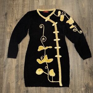 Vtg Myriad Flourshing Black Chenille Knit Sweater Dress Gold Floral Womens S-M
